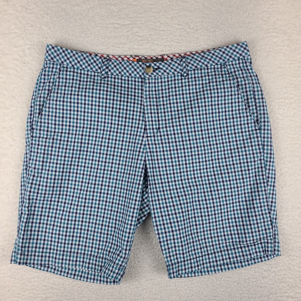 Ben Sherman Shorts Mens 36 Blue Teal Check 9" Inseam Preppy Chino Cotton Blend